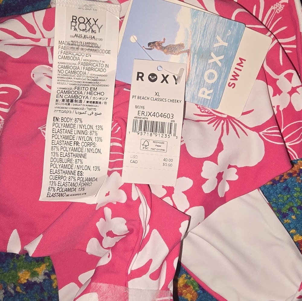 NWT 🌸 Roxy Beach Classic Rouched Cheeky Bikini Bottom Size XL Hello Aloha Pink - Picture 4 of 6